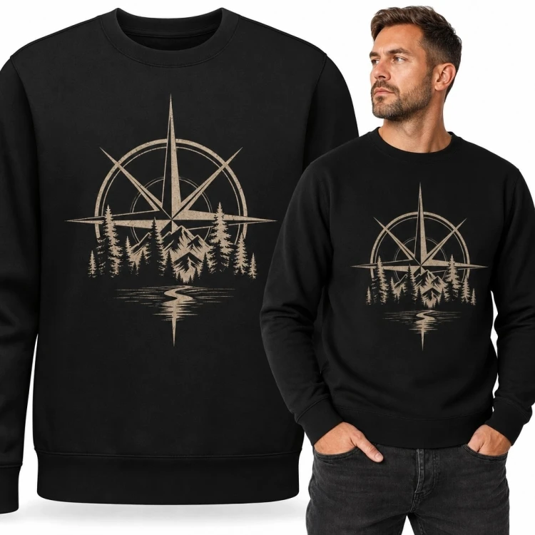 Bluza męska bez kaptura z różą kompasową - górski krajobraz