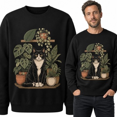 Bluza męska bez kaptura - czarno-biały kot wśród roślin doniczkowych