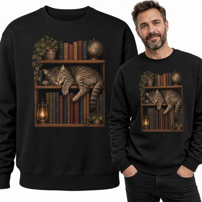 Bluza męska bez kaptura ze śpiącym kotem w bibliotece - vintage