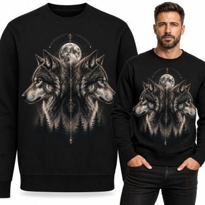 Bluza męska bez kaptura - dwa wilki, pełnia księżyca i las