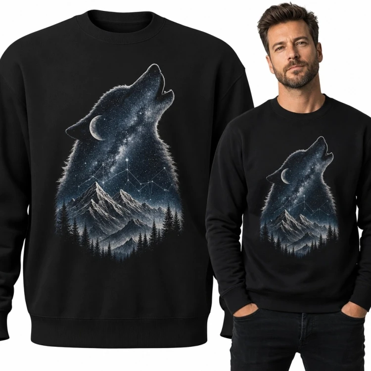 Bluza męska bez kaptura - wyjący wilk na tle gór, lasu i nocnego nieba