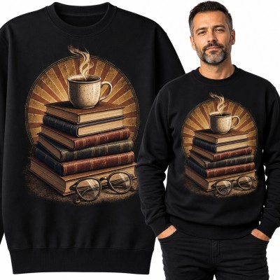 Bluza męska bez kaptura - książki, filiżanka i okulary w stylu retro