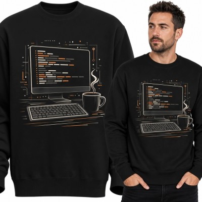 Bluza męska bez kaptura dla programisty - stanowisko z kodem i kawą