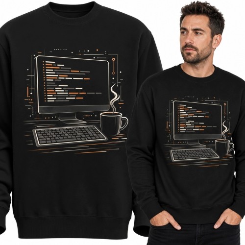 Bluza męska bez kaptura dla programisty - stanowisko z kodem i kawą