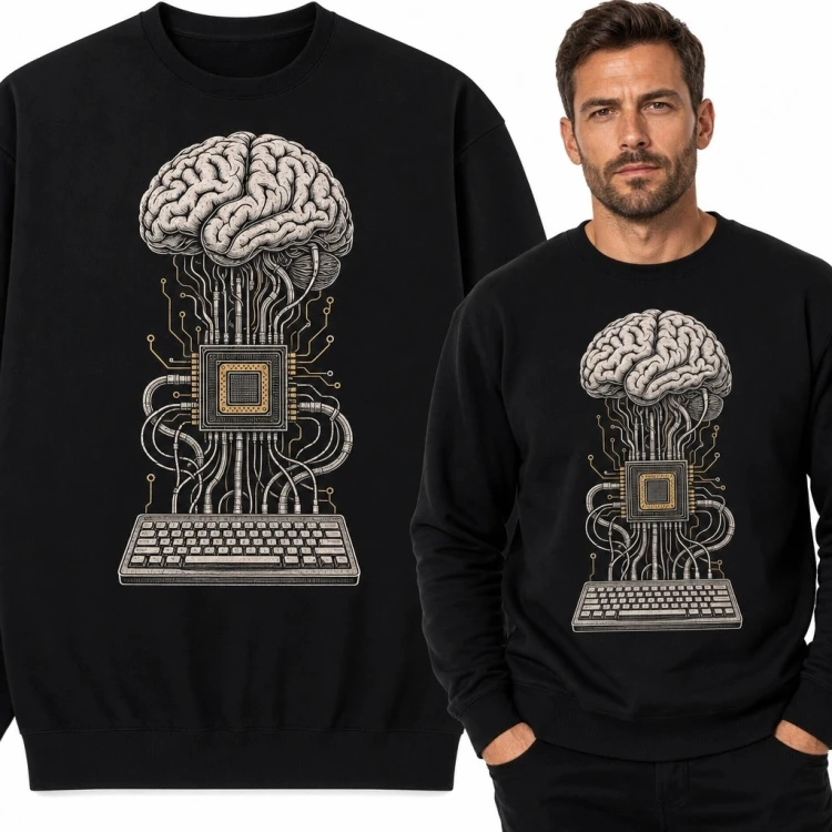 Bluza męska bez kaptura z mózgiem i mikroprocesorem - retro-futurystyczna technologia