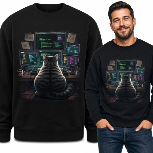Bluza męska bez kaptura z kotem programującym przy wielu monitorach