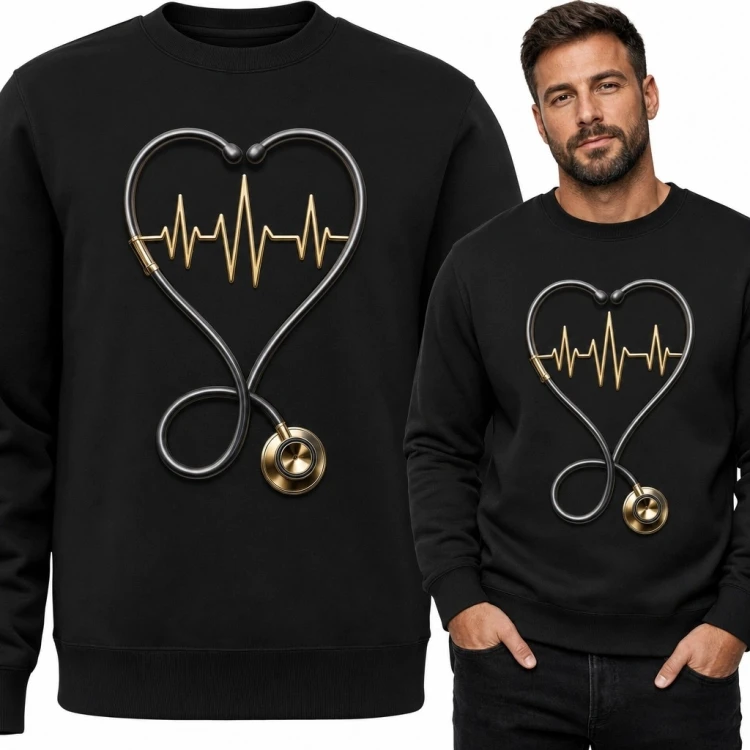 Bluza męska bez kaptura ze stetoskopem w kształcie serca i linią EKG - medyczny motyw