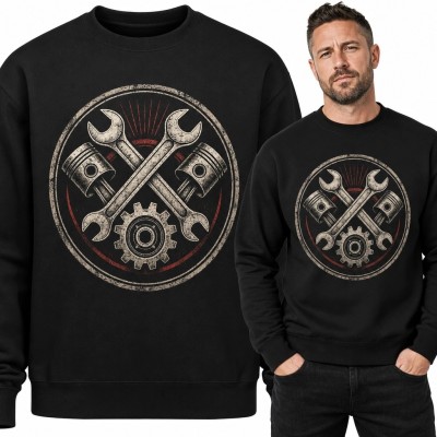 Bluza męska bez kaptura - mechaniczny emblemat z kluczami, tłokami i kołem zębatym