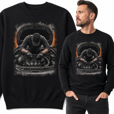 Bluza męska bez kaptura - mechanik przy silniku z pomarańczowymi iskrami