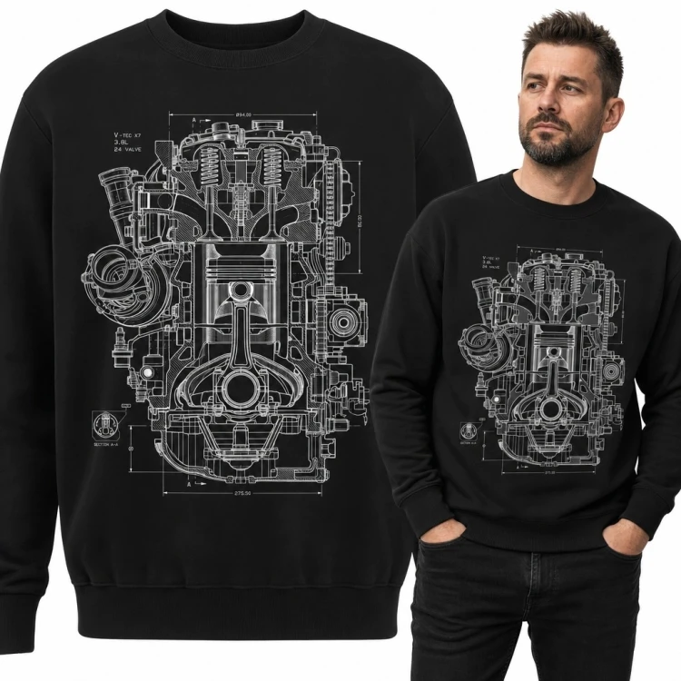 Bluza męska bez kaptura - techniczny przekrój silnika