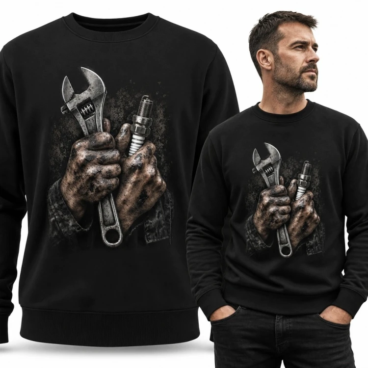Bluza męska bez kaptura - dłonie mechanika z kluczem nastawnym i świecą zapłonową