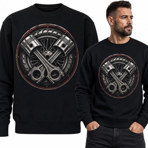 Bluza męska bez kaptura ze skrzyżowanymi tłokami - motyw silnika w stylu retro