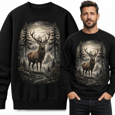 Bluza męska bez kaptura - jeleń w leśnym krajobrazie