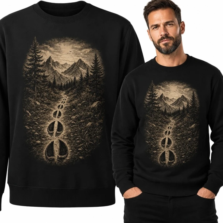 Bluza męska bez kaptura z górskim lasem i tropami zwierzęcia