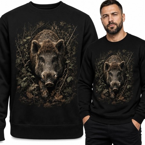 Bluza męska bez kaptura z realistycznym dzikiem w leśnych zaroślach - dzika przyroda