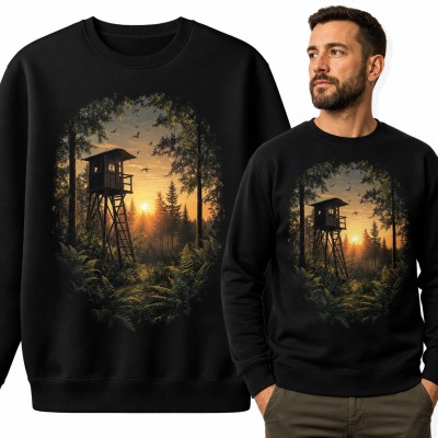 Bluza męska bez kaptura - leśna ambona o zachodzie słońca