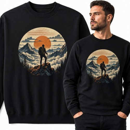 Bluza męska bez kaptura - wędrowiec i pomarańczowe słońce w stylu retro