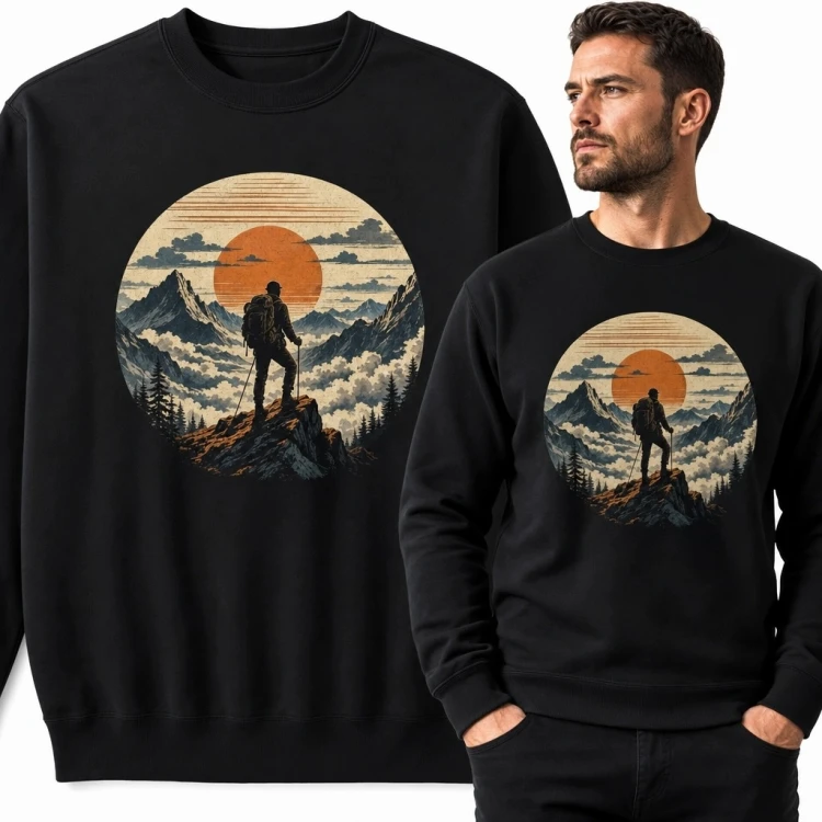 Bluza męska bez kaptura - wędrowiec i pomarańczowe słońce w stylu retro