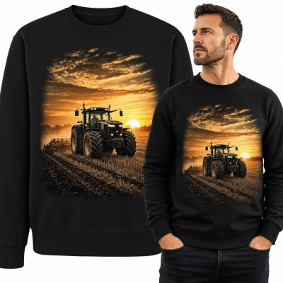 Bluza męska bez kaptura - ciągnik na polu o zachodzie słońca