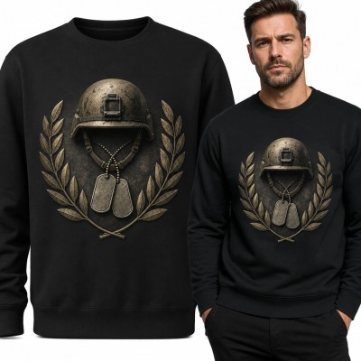 Bluza męska bez kaptura - hełm wojskowy, nieśmiertelniki i wieniec laurowy