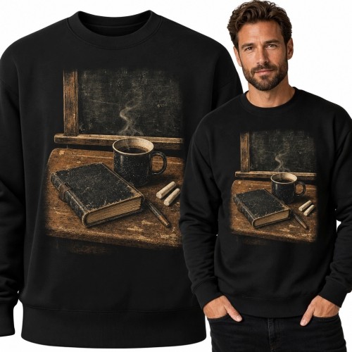 Bluza męska bez kaptura z retro nadrukiem książki, kawy i szkolnej tablicy