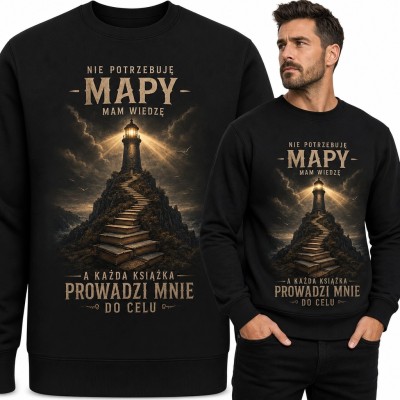 Bluza męska bez kaptura z latarnią i napisem „Nie potrzebuję mapy, mam wiedzę, a każda książka prowadzi mnie do celu”
