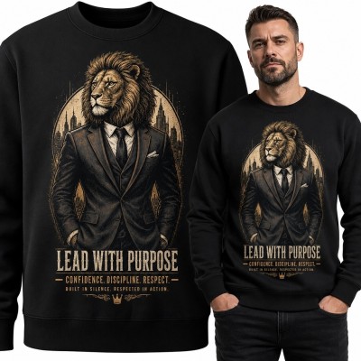 Bluza męska bez kaptura z lwem w garniturze „Lead With Purpose” - motyw przywództwa