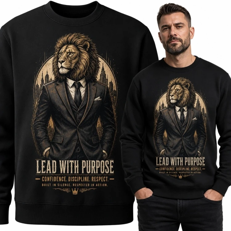 Bluza męska bez kaptura z lwem w garniturze „Lead With Purpose” - motyw przywództwa