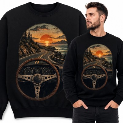 Bluza męska bez kaptura - retro kierownica, nadmorska droga i zachód słońca