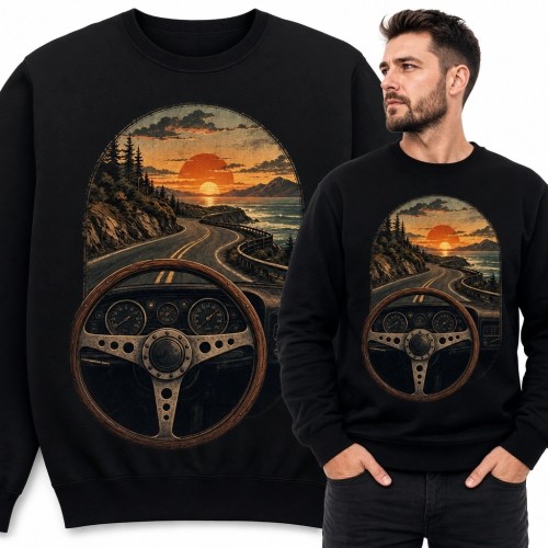 Bluza męska bez kaptura - retro kierownica, nadmorska droga i zachód słońca