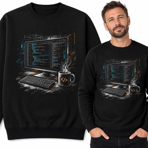 Bluza męska bez kaptura - stanowisko programisty z kodem i kawą
