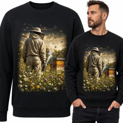 Bluza męska bez kaptura z pszczelarzem w pasiece - pszczoły i kwietna łąka