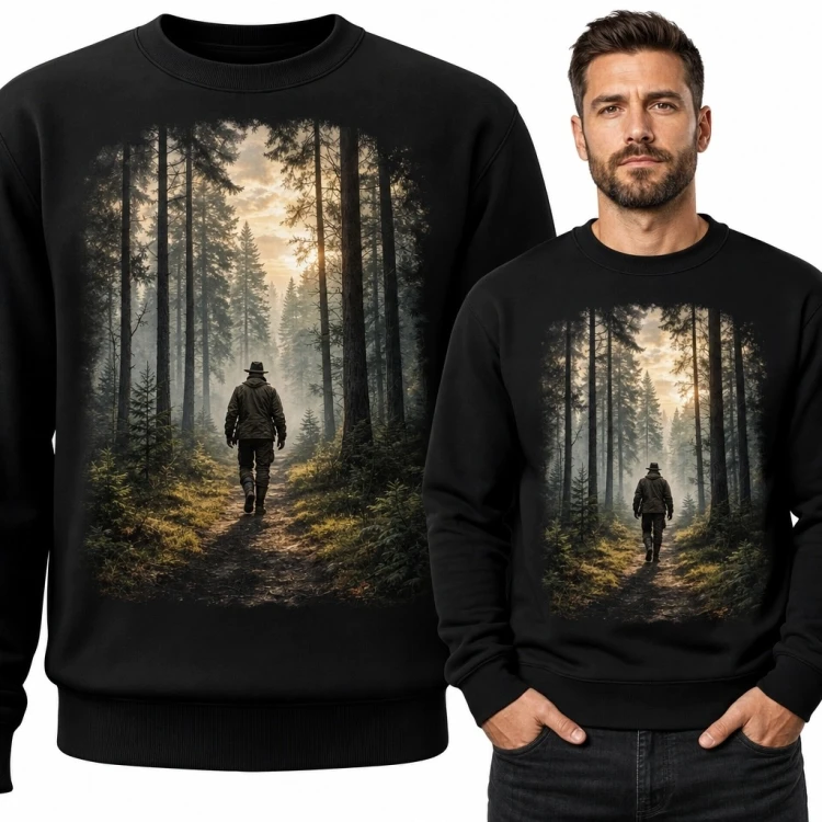 Bluza męska bez kaptura - samotny wędrowiec na leśnym szlaku