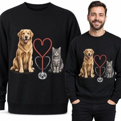 Bluza męska bez kaptura dla weterynarza - golden retriever, pręgowany kot i serca ze stetoskopu