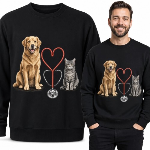Bluza męska bez kaptura dla weterynarza - golden retriever, pręgowany kot i serca ze stetoskopu