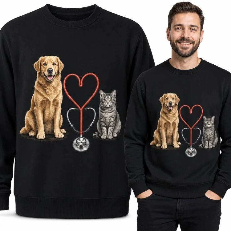 Bluza męska bez kaptura dla weterynarza - golden retriever, pręgowany kot i serca ze stetoskopu