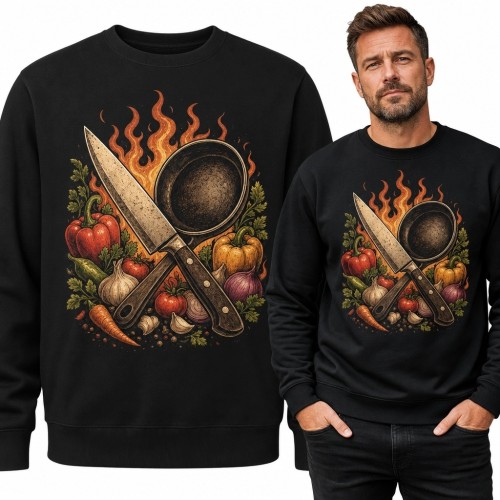 Bluza męska bez kaptura z nożem i patelnią w płomieniach - kulinarny motyw retro