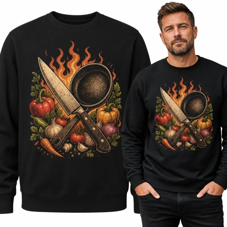 Bluza męska bez kaptura z nożem i patelnią w płomieniach - kulinarny motyw retro