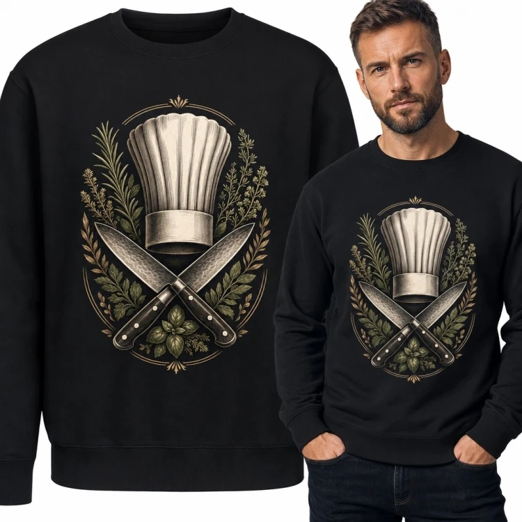 Bluza męska bez kaptura z emblematem kucharza - czapka, noże i zioła