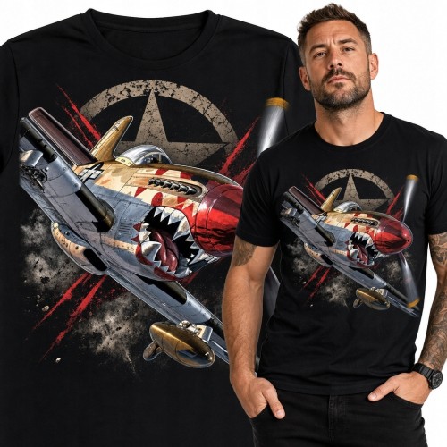 Koszulka męska z samolotem bojowym ozdobionym paszczą rekina - styl retro