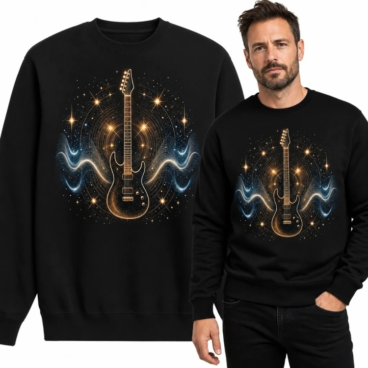 Bluza męska bez kaptura z gitarą elektryczną - kosmiczny motyw muzyczny
