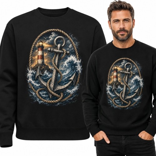 Bluza męska bez kaptura z kotwicą, latarnią morską i sztormowymi falami