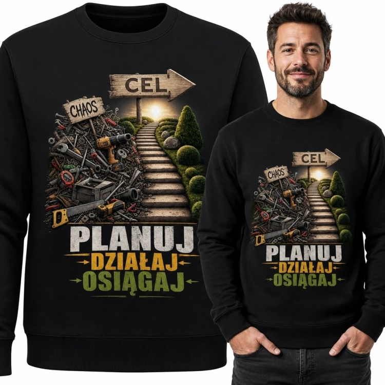 Bluza męska bez kaptura „Planuj / działaj / osiągaj” - droga od chaosu do celu
