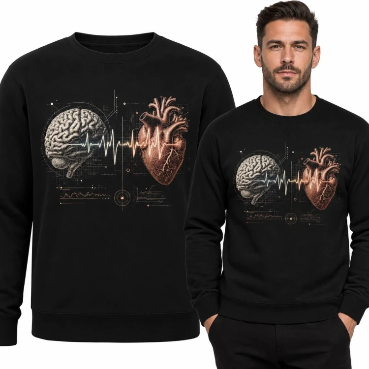 Bluza męska bez kaptura z anatomicznym nadrukiem mózgu i serca - linia EKG
