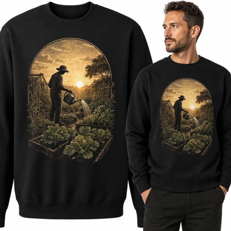 Bluza męska bez kaptura - ogrodnik podlewający warzywnik o zachodzie słońca