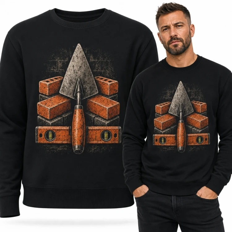 Bluza męska bez kaptura z kielnią, cegłami i poziomicą - motyw murarski
