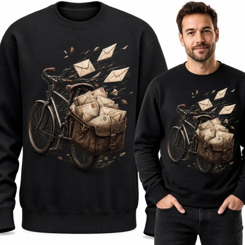 Bluza męska bez kaptura - retro rower listonosza i wirujące koperty