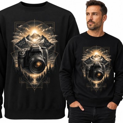 Bluza męska bez kaptura - aparat fotograficzny i górski pejzaż