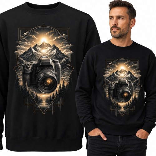Bluza męska bez kaptura - aparat fotograficzny i górski pejzaż