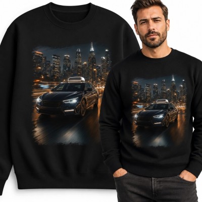 Bluza męska bez kaptura z nocnym samochodem - miejski nadruk motoryzacyjny